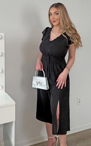 Womens Summer Midi Dresses Casual V Neck Cap Sleeve Empire Waist Elegant 2026 Flowy Solid Long Dress with Pockets B L Black - Thumbnail 4