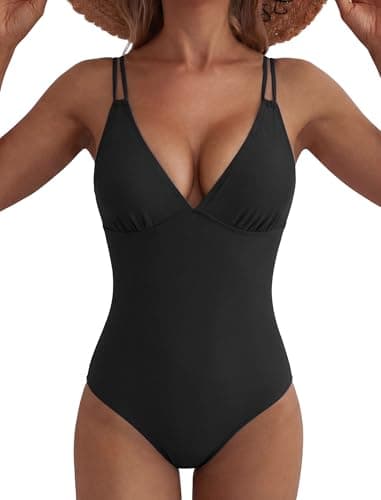 ZAFUL One Piece Bathing Suit for Women Tummy Control Push Up Swimsuits Sexy Modest Bathing Suits Deep V Neck Vintage Cute High Cut Swim Suit Full Coverage Monokini Swimwear Crisscross Back Tie Black L - Image 1