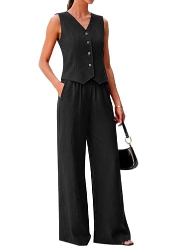 KIRUNDO Business Casual Outfits for Women Vest Tops Pant Suits Dressy 2 Piece Sets Summer Crop Blazer Wide Leg Work Pants(Black, Small) - Image 1