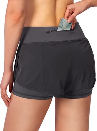 Soothfeel Women's 2 in 1 Running Shorts Workout Athletic Gym Yoga Shorts for Soothfeel Women with Phone Pockets Dark Grey - Thumbnail 2
