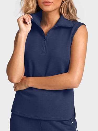 Casly Lamiit Two Piece Outfits for Women Airport Lounge Set Summer 1/2 Zip Tank Tops Wide Leg Track Pant Sets Jogger Sweatsuits Navy Blue XS - Thumbnail 2