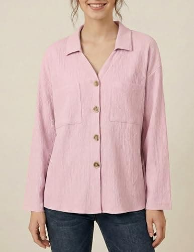 GAMISS Button Down Shirt for Women Long Sleeve Shirts Collared Casual Blouses Tops with Pocket Pink, XL - Thumbnail 2