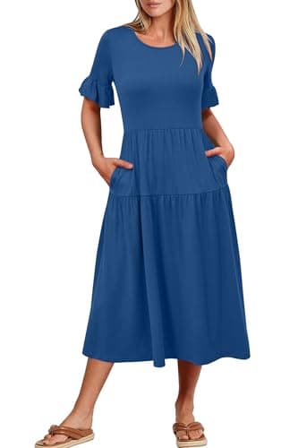 STYLEWORD Sundresses for Women 2026 Casual Short Sleeve Summer Maxi Beach Wedding Guest Midi Dress Vacation Outfits(Lake Blue,M) - Image 1