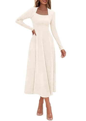 Lazysmile Long Sleeve Fall Dresses for Women Square Neck A Line Flowy Casual Elegant Wedding Guest Party Maxi Dress Apricot - Image 1