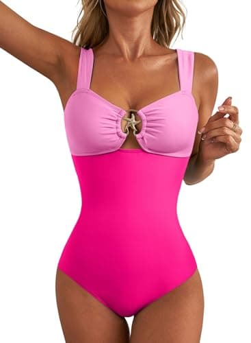 Herseas Slimming Swimsuits for Women Wide Strap Push Up Bathing Suit Colorblock Sporty Swimwear Cheeky High Leg Swimming Athletic Swim Suit Teens Rose Red Medium - Image 1