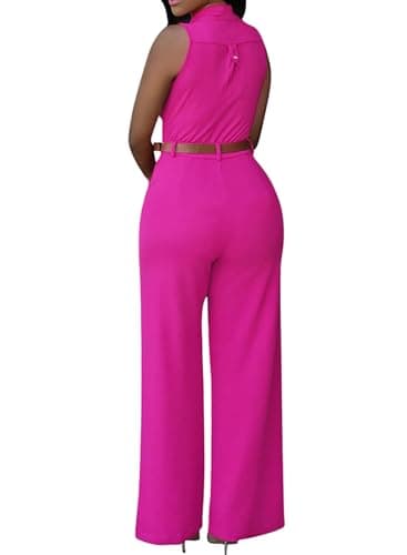 Pink Queen Women's Classy Dressy Jumpsuit Sleeveless Button Up Wide Leg Long Pants Business Pantsuit Bright Pink L - Thumbnail 2