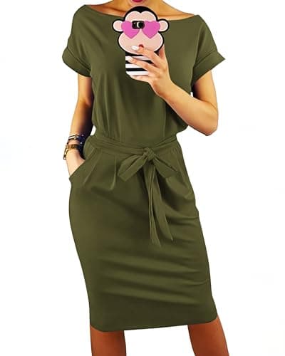 PRETTYGARDEN Women's Summer Short Sleeve Crewneck Striped Dress Basic Solid Tie Waist Office T Shirt Dresses Pockets(Army Green,Small) - Image 1