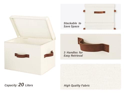StorageWorks Fabric Storage Bins with Lid, Decorative Storage Boxes for Shelves, Stackable Closet Organizer Basket with Handles, Large, Ivory White, 2-Pack - Thumbnail 3