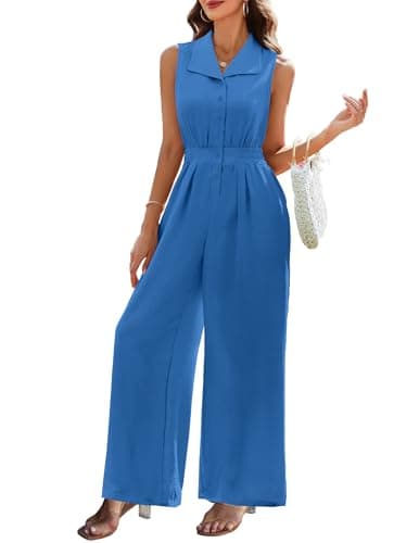 LOOKBOHO Women Elegant Jumpsuit Dressy V Neck Sleeveless Wide Leg Pants Business Casual Outfit One Piece Romper(BL,M) - Image 1