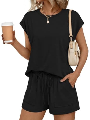 Lallabai 2 Piece Sets for Women Summer Outfits Lounge Sets Crew Neck Short Sets Cap Sleeve Drawstring Sweatsuit with Pocket - Image 1