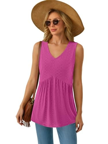 GKBK Womens Babydoll Tank Tops 2026 V Neck Sleeveless Tank Tops Flowy Peplum Tops for Women Dressy Spring Summer Fashion Outfits Trendy Hot Pink - Thumbnail 6
