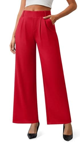 AVAMO Womens Dress Pants Wide Leg Pull On Stretchy Work Pants for Women with Pockets High Elastic Waist Office Business Red - Image 1