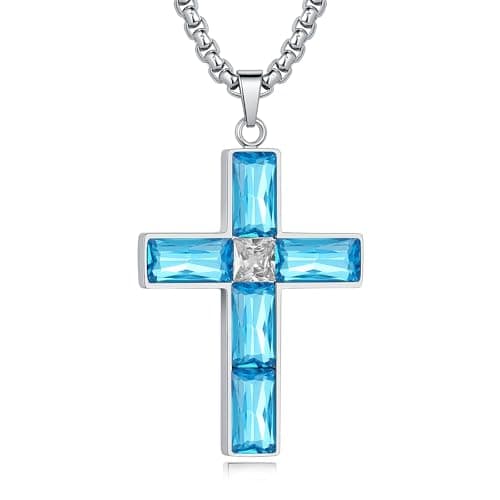 BAMIKI Blue Cross Necklace for Men, Created Aquamarine Crystal Zircon with 316L Stainless Steel Pendant Necklace for Women, March Birthstone Faith Jewelry Gift 24 Inch Box Chain - Image 1