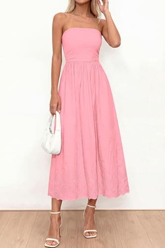 PRETTYGARDEN Womens Summer Dresses 2026 Sexy Sleeveless Tube Top Long Dress Eyelet Cotton Maxi Beach Sundress Pockets(Pink,Large) - Thumbnail 3