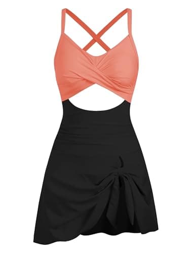 ZAFUL Women One Piece Swimsuit Modest Tummy Control Bathing Suit Over 50 Swim Dress Swimwear Push Up V Neck Swim Suits 2025 Black Pink - Thumbnail 3