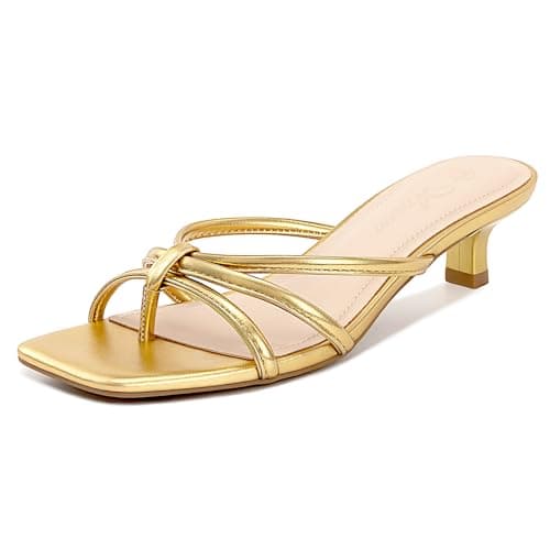 Athlefit Gold Kitten Heels for Women Strappy Flip Flop Low Heels Square Toe Dressy Short Heeled Thong Sandals Size 8.5 - Image 1
