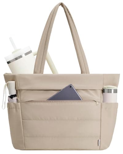 WANDF Work Tote Bag for Women, Puffy 15.6 inch Laptop Bag with Cup Holder, Quilted Handbag Travel Gym Bag for Nurse Teacher - Image 1