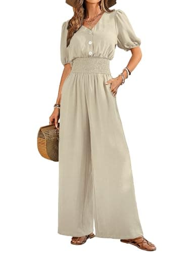 LOOKBOHO Womens Jumpsuits Summer Casual Dressy Peplum Sleeve Wide Leg Long Pants Rompers 2026 Trendy Outfits Ivory XXL - Image 1