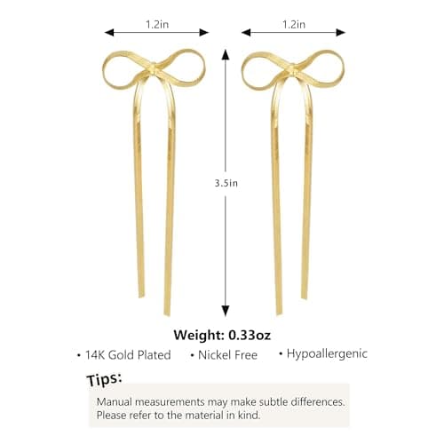 BAYLAY Bow Earrings for Women, 18K Gold Plated Bow Dangle Earrings Dangling Dangly Gold Earrings for Women Trendy for Wedding Prom Aretes para Mujer Gold Jewelry Gifts for Woman - Thumbnail 5