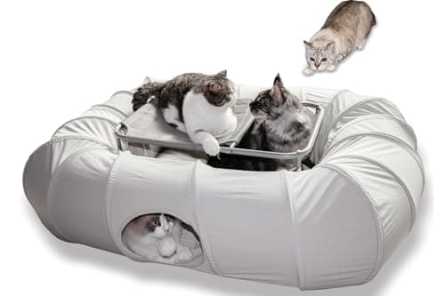 XxingSheep 2-Tier Cat Tunnel & Hammock Bed XXL, 4 Cave Shuttle with Elevated for Multiple Cats Toy Light Grey - Image 1