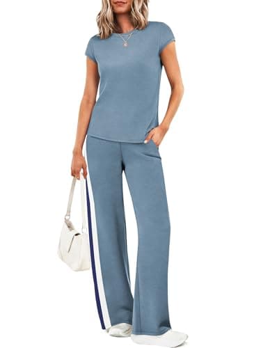Casly Lamiit Lounge Sets for Women Summer Beach Casual Travel Outfits Short Sleeve Top Wide Leg Pants Set Resort Wear with Pockets 2026 Blue Grey XL - Thumbnail 2