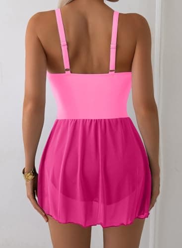 Aleumdr Women's One Piece Swimsuits Tummy Control Swimdress U Neck Tie Knot Bathing Suit with Berifs Color Block Mesh Skirt Athletic Swimwear Summer Beachwear Hot Pink X-Large - Thumbnail 3