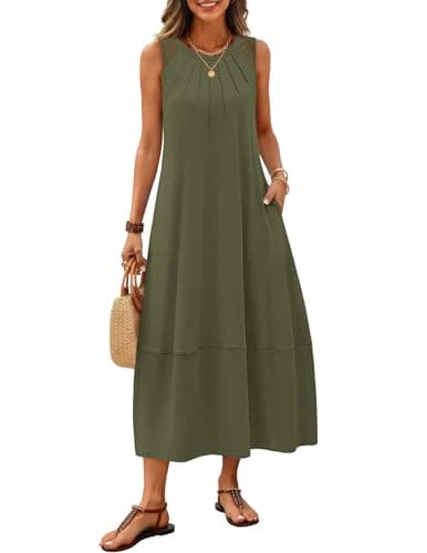 MEROKEETY Women's Summer Boho Maxi Dress 2026 Pleated Lace Hollow Out Beach Vacation Sundresses Sleeveless Tank Dress, ArmyGreen, X-Large - Image 1