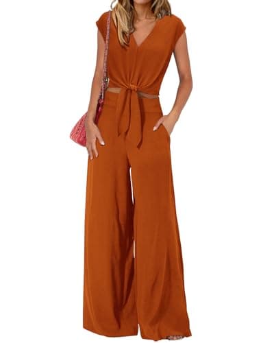 PRETTYGARDEN Women 2 Piece Sets 2025 Sexy Sleeveless V Neck Tie Waist Crop Tops Palazzo Pants Set Casual Lounge Wear(Solid Brown Orange,Medium) - Image 1