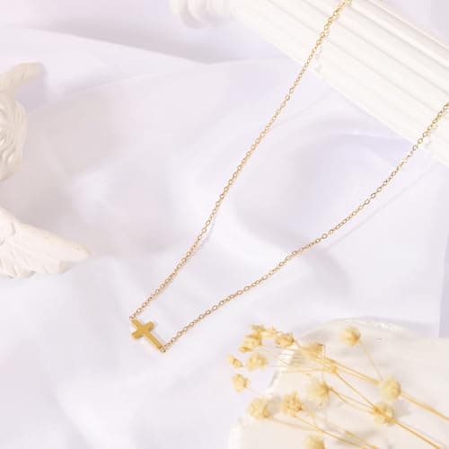 JNZSSWHJJH Cross Necklace for Women - 18K Gold Plated Sideway Cross Necklace Dainty Gold Cross Necklace for Women Gold Jewelry Christian Christmas Gift for Woman Teens - Thumbnail 6