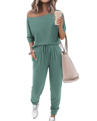Zenlonr Women Summer 2 Piece Outfits 2026 Off Shoulder Short Sleeve Tops Elastic Waist Drawstring Long Pants Tracksuit(Lake Green,Medium)