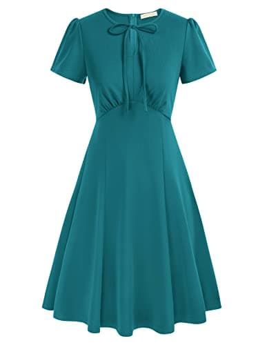 Rockabilly Dresses A Line Tea Time Dress Vintage Midi Swing Dress with Keyhole Teal L - Image 1