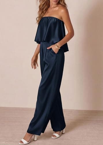 KIRUNDO Strapless Jumpsuits For Women Dressy 2026 Casual Satin Summer Romper Flowy Tube Top One Piece Vacation Outfits(Navy Blue, Small) - Thumbnail 5