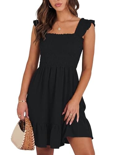 Caracilia Women Summer Casual Sleeveless Square Neck Sun Dress Smocked Ruffle Backless Boho Beach Vacation Cute Short Dresses Black Medium - Image 1
