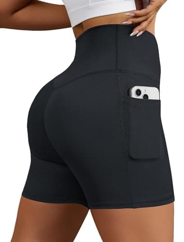 DLOODA Biker Shorts for Women, High Waisted Yoga Workout Tummy Control Spandex Compression Gym Running Shorts with Pockets Dark Grey - Image 1