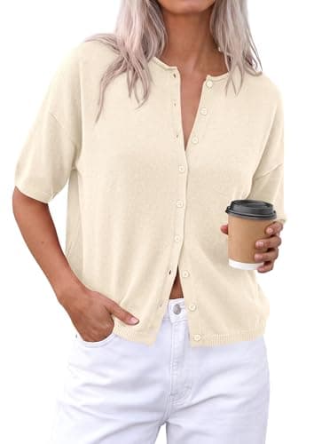 PRETTYGARDEN Women Spring Short Sleeve Cardigan Sweaters Button Down Knit Shirt Blouse Dressy Casual Tops 2026 Summer Outfits (Beige,Large) - Image 1