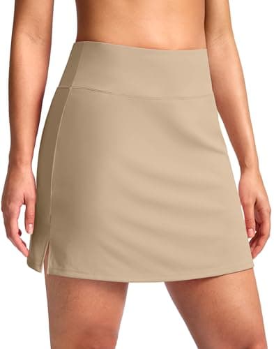 SANTINY 16" Skorts for Women with 2 Pockets High Waisted A Line Pickleball Golf Skort Casual Athletic Tennis Skirt (Khaki_XL) - Image 1