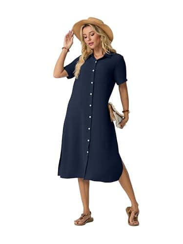 HiMONE Women’s Button Down Shirt Dress Casual Short Sleeve Collared Midi Dress Loose Fit Summer Dress with Pocket and Side Slits - Image 1