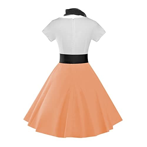 ZEZCLO Women's Retro Poodle Print Skater Dress Vintage High Waist Rockabilly Swing Tee Cocktail Party Dresses Orange Pink S - Thumbnail 3