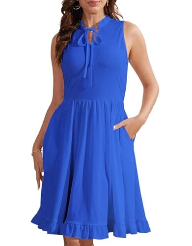 KETAWAK Womens Sleeveless Summer Dress Crew Neck Tie Front A-Line Dresses Double Layer Hem Mini Dress Blue - Image 1