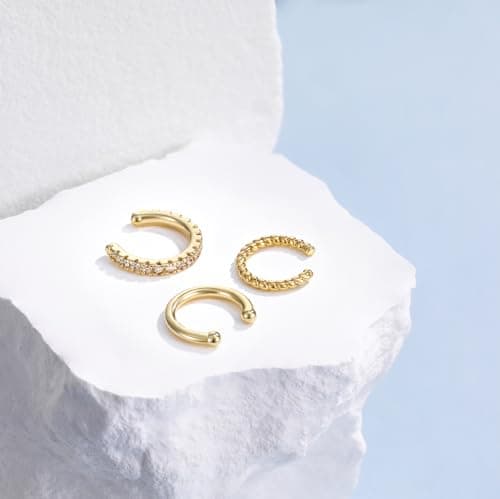 POMODA 3PCS 14K Gold Plated Ear Cuff Earrings for Women Small CZ Ear Cuffs Non Piercing Cartilage Earrings Lightweight | Clip On Huggie Hoop for Her - Thumbnail 4