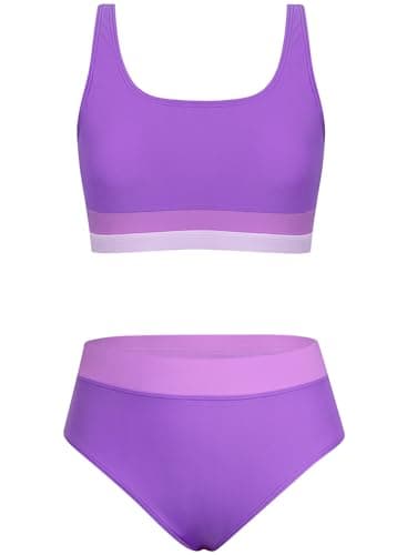 Alakuoti Girls Swimsuit Color Block Adjustable Straps Bikini Sets Teen Girl Two Piece Bathing Suits with Chest Pad Size 14 Purple - Image 1