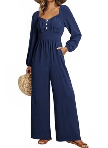Dokotoo Sleeveless Jumpsuits for Women 2026 One Piece Spring Square Neck Flowy Rompers Smocked Waisted Sexy Business Casual Wide Leg Cruise Outfits Plus Size with Pockets,Navy Blue Small - Thumbnail 2