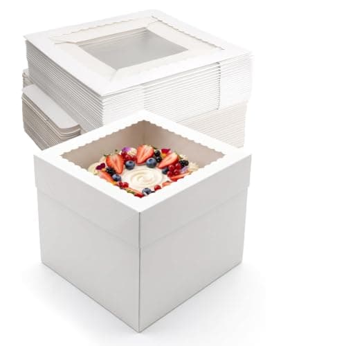 CRUGLA 24 Pack 10x10x10 Cake Boxes, White Bakery Window Boxes, Tall Dessert Carrier for Birthdays, Weddings & Bake Sales