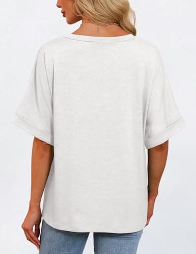 GKBK Womens Oversized T Shirts V Neck Loose Fit Shirts Short Sleeve Summer Casual Tops 2025 Trendy Blouses Y2K Plain Tees White XL - Thumbnail 4