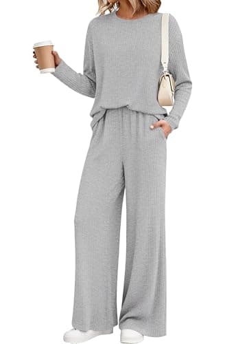 KIRUNDO Spring 2 Piece Lounge Sets for Women Long Sleeve Ribbed Knit Tops Wide Leg Pants Matching Travel Outfits Postpartum(Light Grey, Large) - Image 1