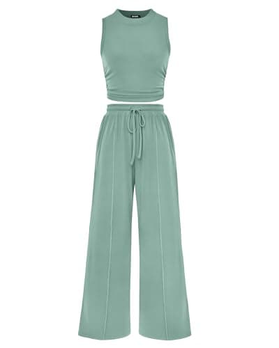 BTFBM Summer Outfits For Women 2026 Cropped Sleeveless Tank Tops Wide Leg Pants 2 Piece Sets Beach Lounge Set Clothing(Fruit Green, XX-Large) - Image 1