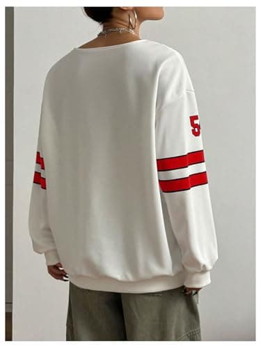 MakeMeChic Women's Number Print Oversized Sweatshirt V Neck Stripe Long Sleeve Y2k Pullovers Top Red Medium - Thumbnail 2