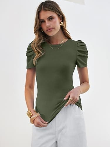 ANRABESS Women Puff Short Sleeve Crewneck Dressy Casual Tops Summer Fitted Ribbed Knit Trendy Work Shirts 2026 Spring Clothes Army Green X-Large - Thumbnail 5