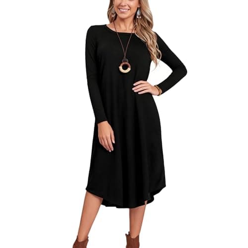 Lounge Dress for Women Long Sleeve Midi Long Dress Loose Casual Side Slit Dresses Pocket S Black - Image 1