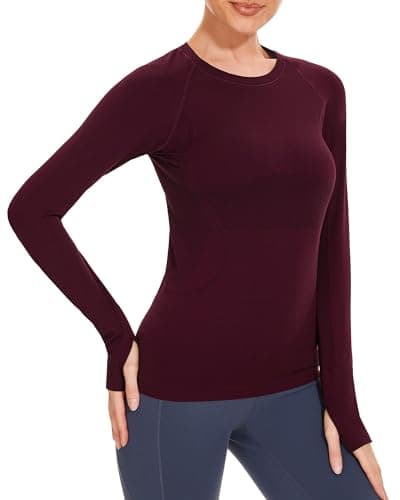 Stelle Womens Seamless Workout Top Yoga Athletic Shirt with Thumb Hole Breathable for Sports Running (Burgundy, XL) - Image 1